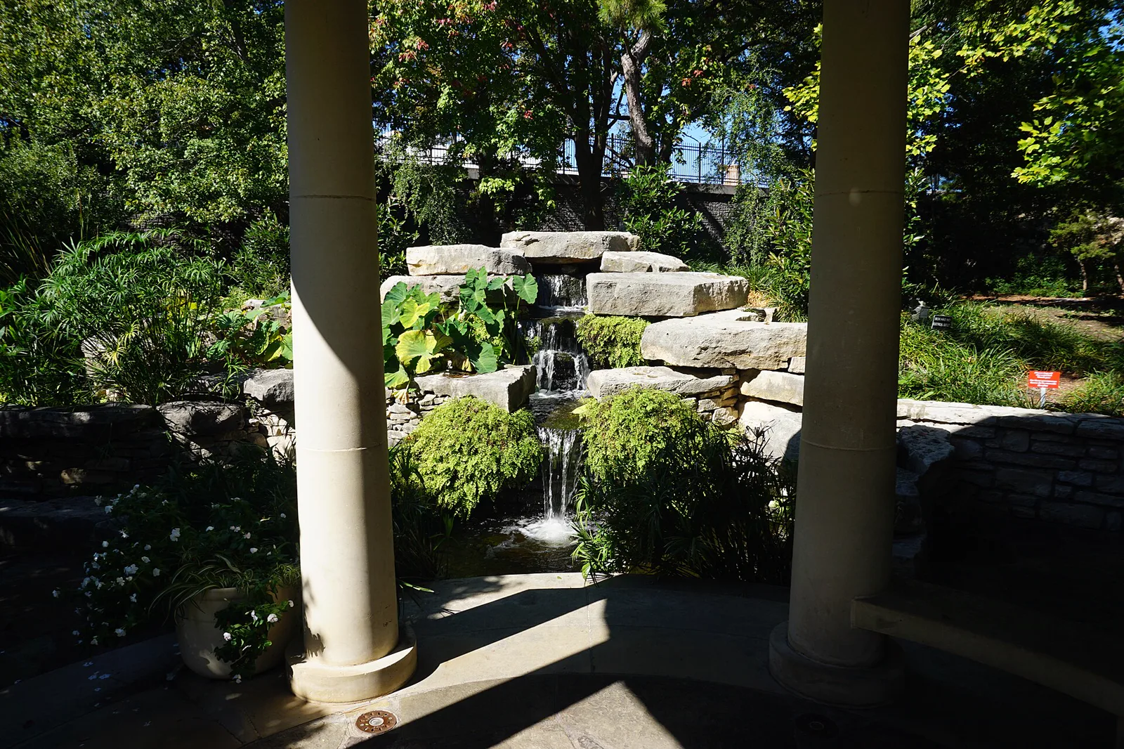 A waterfall in the Fort Worth Botanic Garden