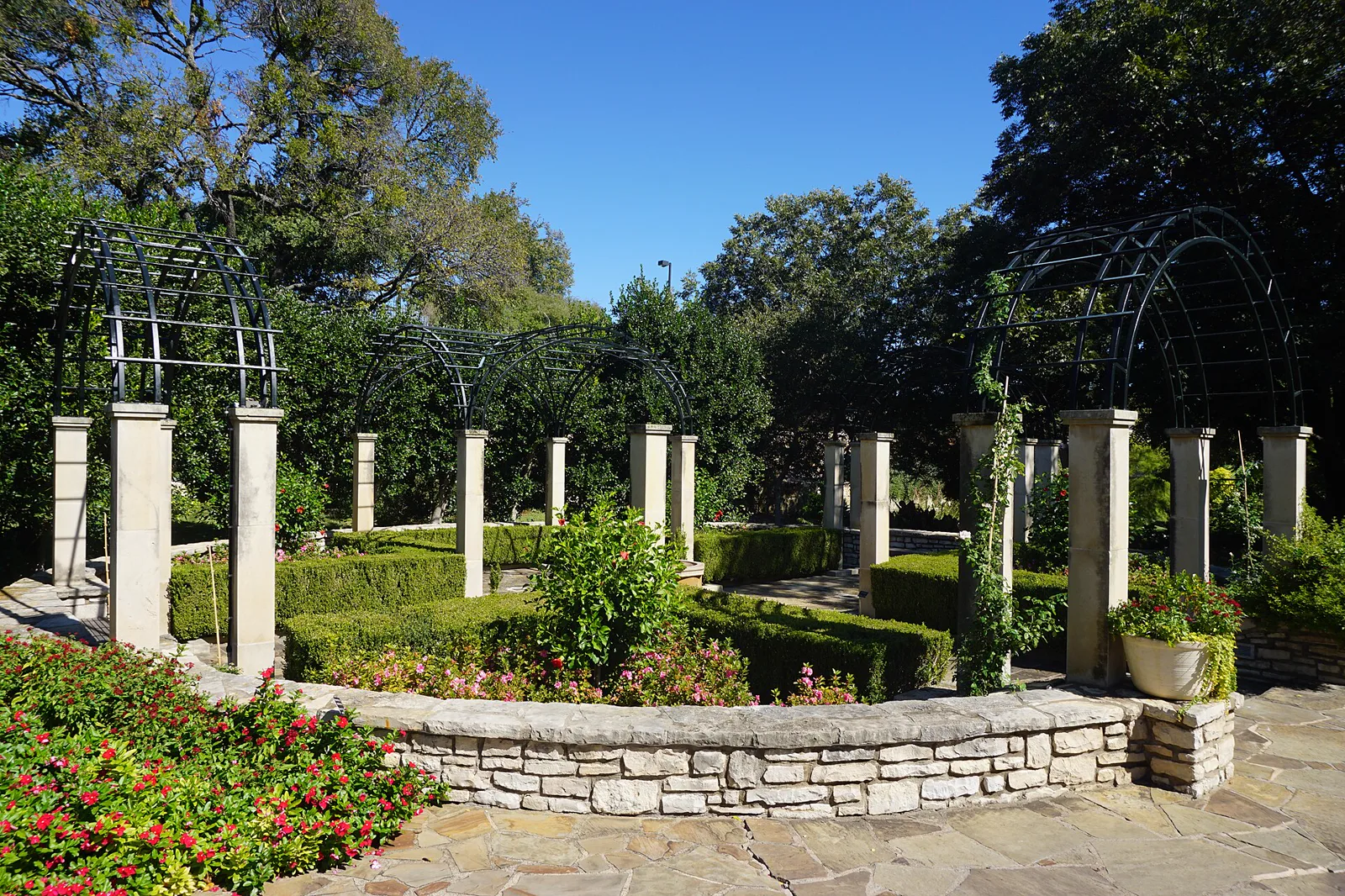The rose garden colonnade at the Fort Worth Botanic Garden